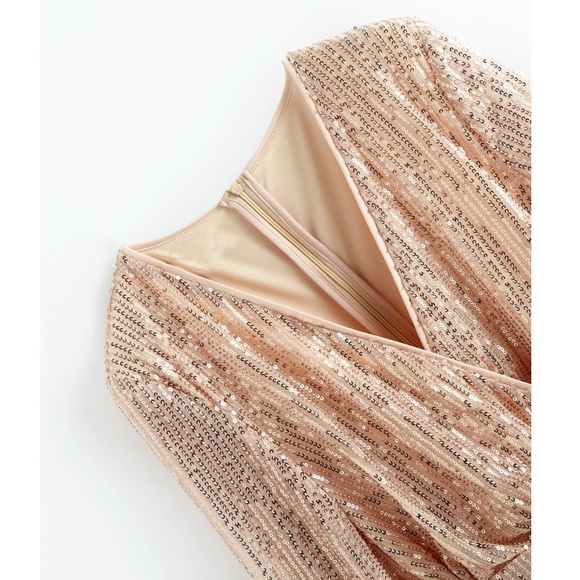 Gold Sequins on Beige V-Neck Surplice Long Sleeve Mini Dress Short - Picture 7 of 12